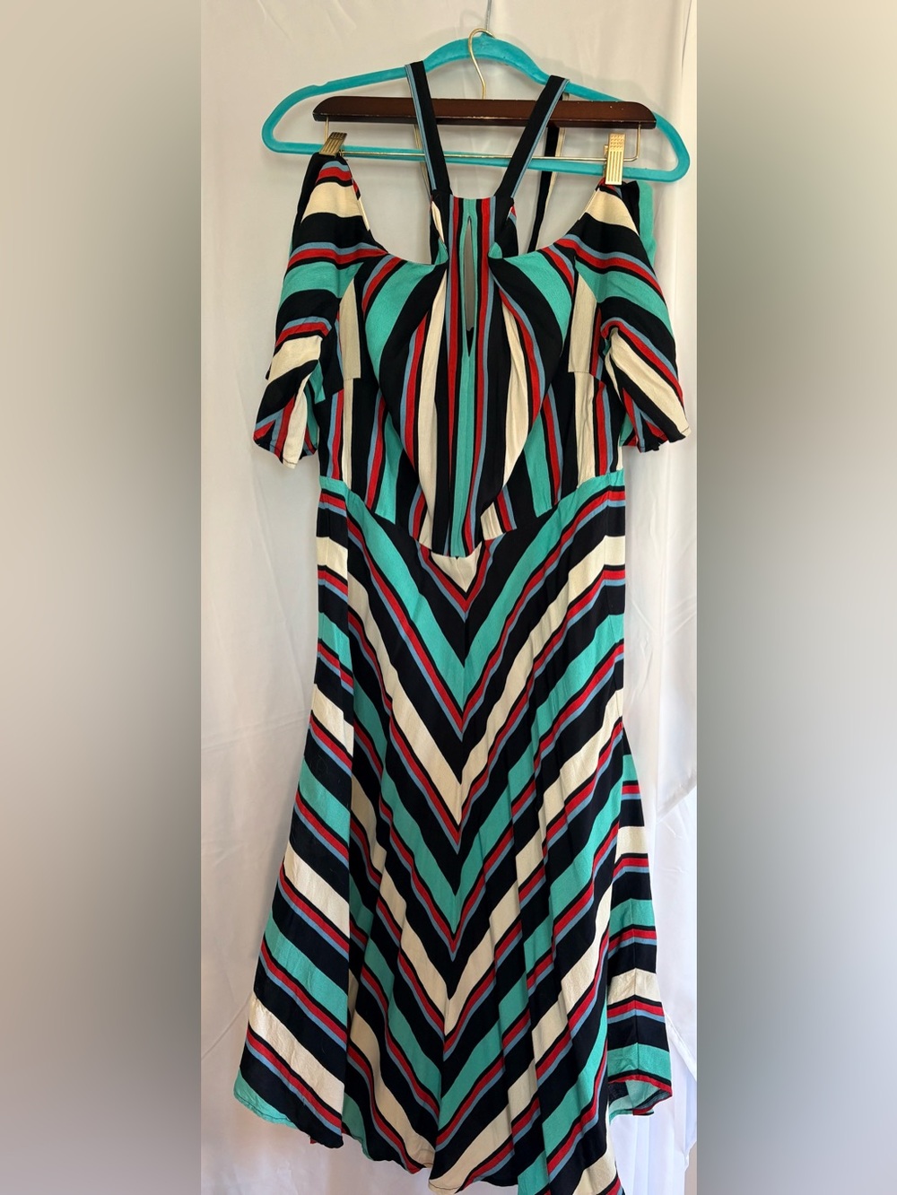 Eloquii Teal, Black & Cream Striped Midi Dress Halter/Off Shoulder
